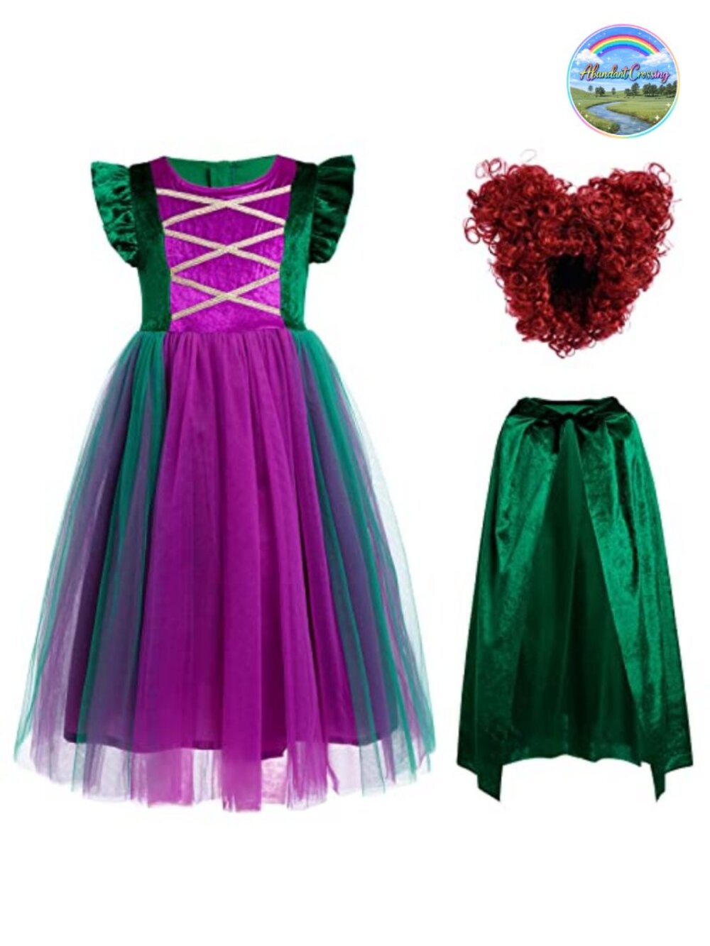 Girls Witch Halloween Costume Velvet Tulle Tutu Dress Cape Wig 3pc Set